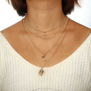 Gold Madonna Goddess Coin Crescent layered Necklace Set