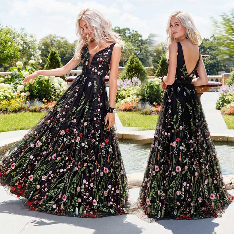 Exquisite Embroidery Floral Black Mesh Overlay V Cut Black Lace Dress sunifty Exquisite Embroidery Floral Black Mesh Overlay V Cut Black Lace Dress sunifty