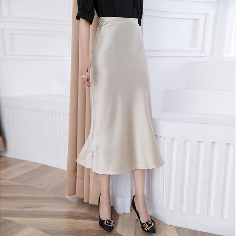 High Waisted Trumpet Hem Flare High Rise Satin Midi Skirt For Thick Thighs