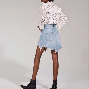 Vintage Washed Distressed Notched Light Denim Mini Skirt
