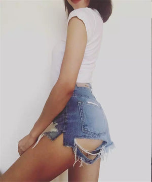 Cute Destroyed Washed Side Cut High Waisted Ripped Denim Shorts
