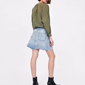 Vintage Washed Distressed Notched Light Denim Mini Skirt