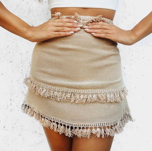 Linen Cotton Boho Chic Layered Tassels High Waist Pom Poms Mini Skirts