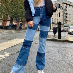 Patchwork Stitch Color Block Slim Fit Straight Leg Jeans Ripped Denim Pants
