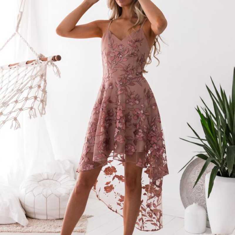 Floral Embroidery Mesh Lace High Low Dress