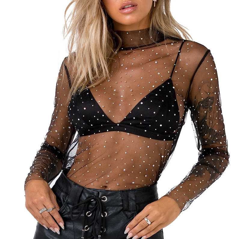 Chic Sparkle Embellished Sheer Mesh Sequin Top Tees