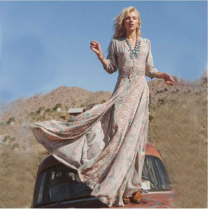 Elastic Waist Hippie Gypsy Floral Prints Double Thigh Split Maxi Dress Chiffon