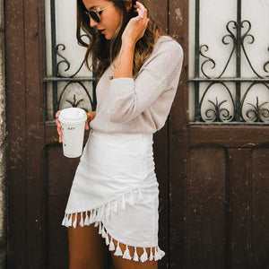 Hipster Tassels High Waist A Line Wraps Mini Skirt