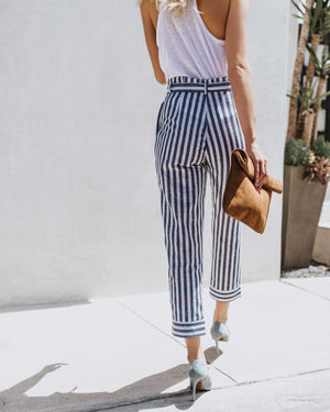 Tie Waist Belted Cigarette Trousers Striped Pants