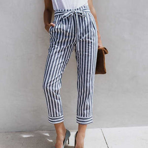 Tie Waist Belted Cigarette Trousers Striped Pants
