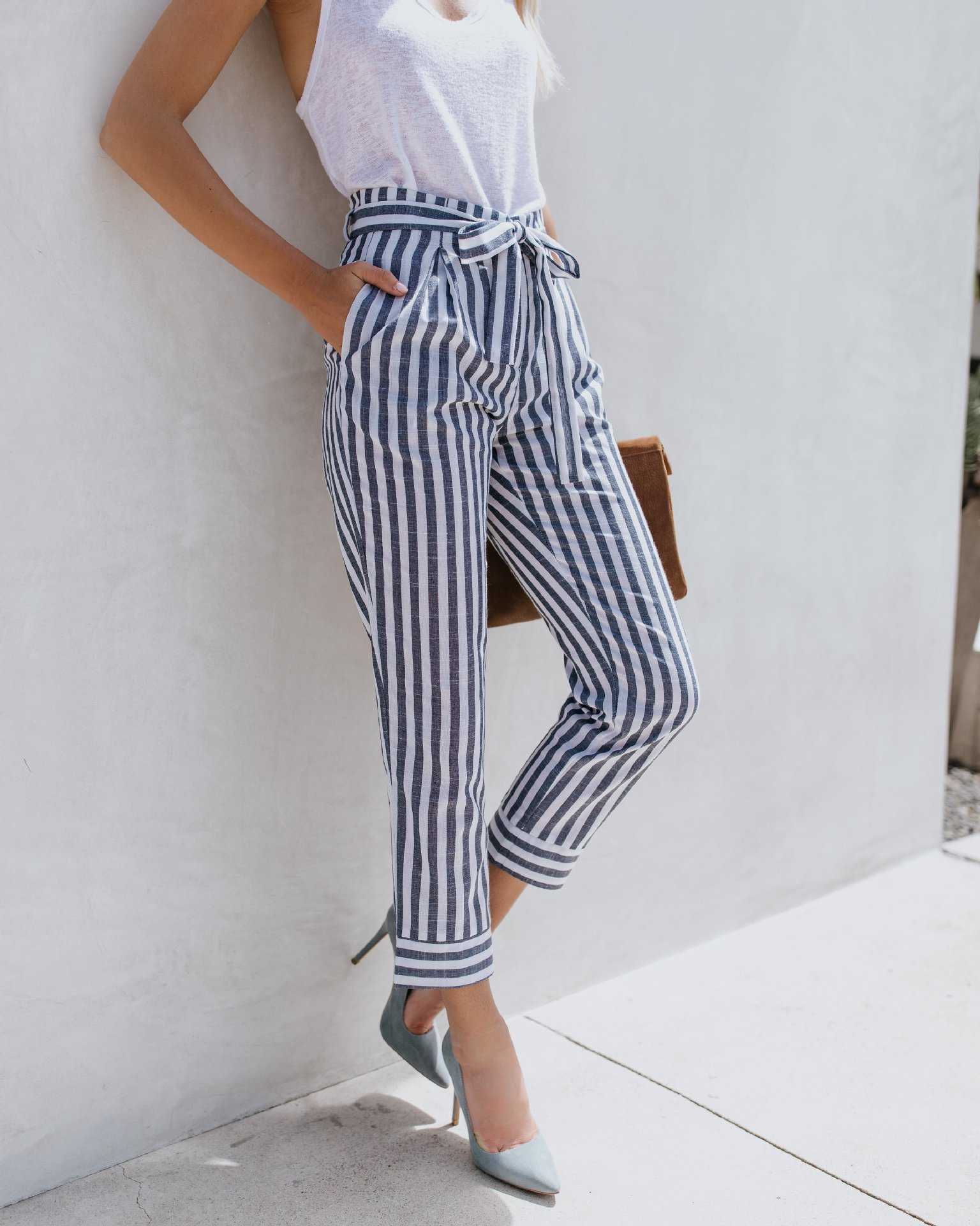Tie Waist Belted Cigarette Trousers Striped Pants