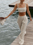 Breathable Matching Two Piece Linen Cami Crop Top With Palazzo Trousers Wide Leg Pants