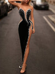 Formal Strapless Fitted Rhinestone Crystals Mesh Asymmetrical Prom Dress