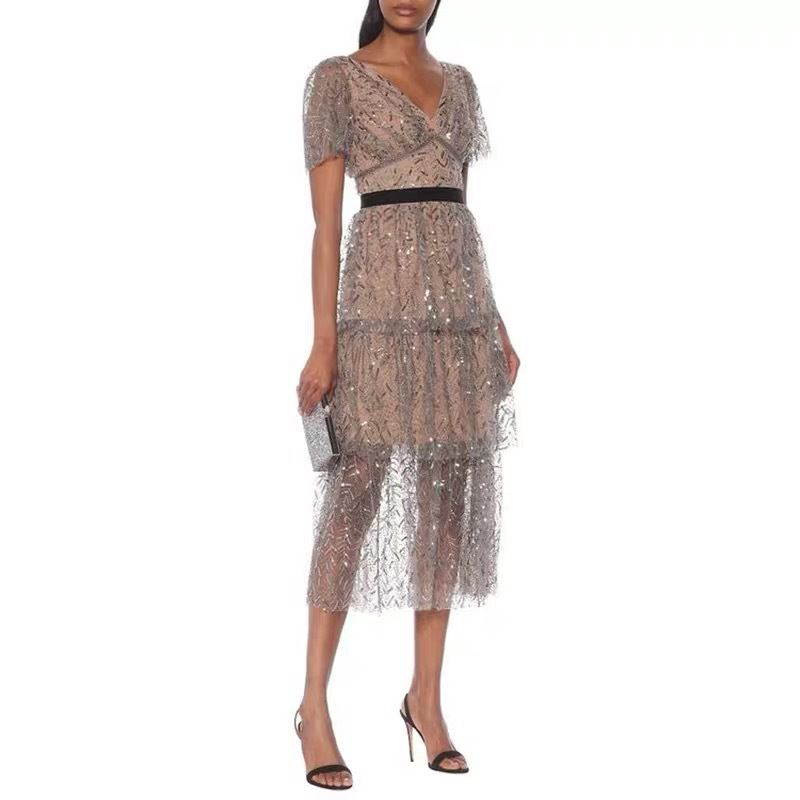 Tassels Sparkly Mesh Sequin V Neck Glitter Layered Ruffle Dress