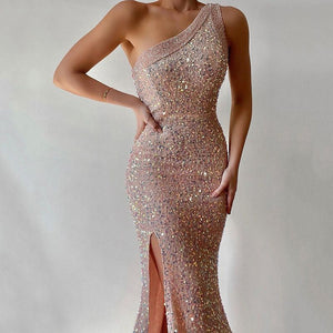 Iridescent Rose Sparkly Sequin One Shoulder High Slit Fitted Gown Dress