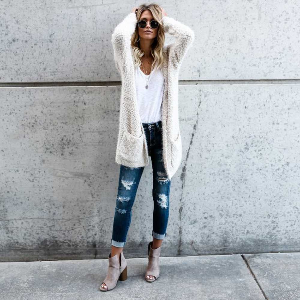 Oversized Faux Wool Long Hooded Cardigan With Pockets