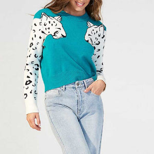 Contrast White Leopard Knit Crewneck Jumper Sweater Ribbed