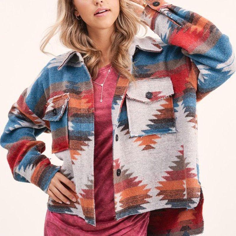 Native Tribal Western American Aztec Print Pattern Jacket Houndstooth Shacket