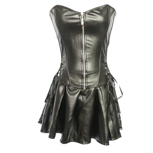 Sexy Imitation Leather Criss Cross Strapless Corset Pleated Dress Halloween Costumes