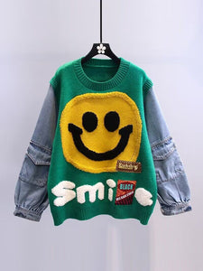 Y2k Aesthetic Smiley Face Color Block Knit Denim Sweatshirt Clothing
