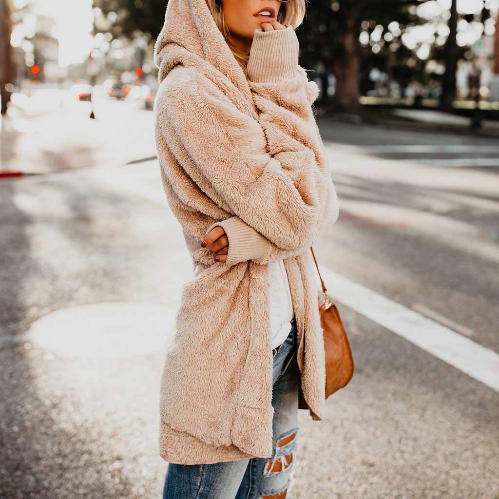 Fur Lined Faux Fur Fuzzy Long Hooded Cardigan With Pockets