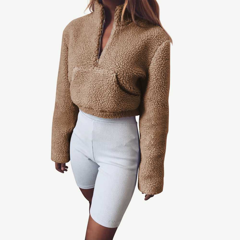 Polo Cropped Faux Fur Jacket Shearling Sweatshirt Pullover With Pocket