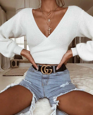 Oversized Tie Back Knitted Wrap Front Sweater Crop Tops
