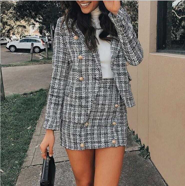 Confident Womens Tweed Blazer And Skirt Suits Plaid
