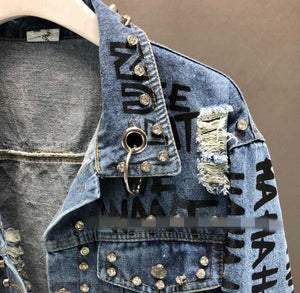 Fashion Street Rhinestone Studded Hand Graffiti Ripped Cropped Denim Jacket