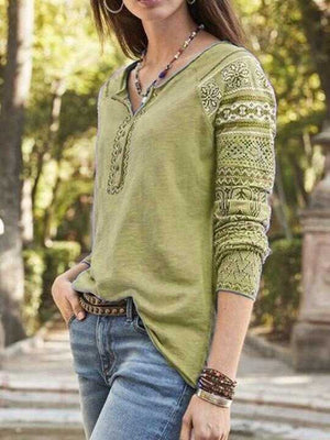 Plus Size Avaialble Retro Block Printed Casual V Neck Tee Shirts
