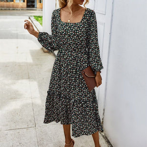 Stretchy Square Neck Garden Floral Print Swing Ruffle Midi Dress