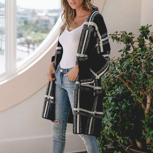 Packable Black White Big Checke Long Cardigan Sweater Tweed Longline Cardigan Coat