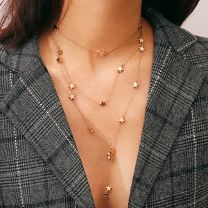 Stars Beaded Multi Layered Chocker Necklace Gold