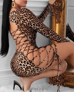 Leopard Strappy Criss Cross Bodycon Back Lace Up Dress