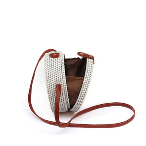 Handwoven Round Rattan Bag Women Beach Straw Woven Crossbody Bag Purse Handbag Shoulder Bag with Leather Strap