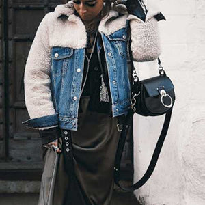 Color Block Patchwork Faux Fur Borg Sherpa Denim Jacket with Fur Collar