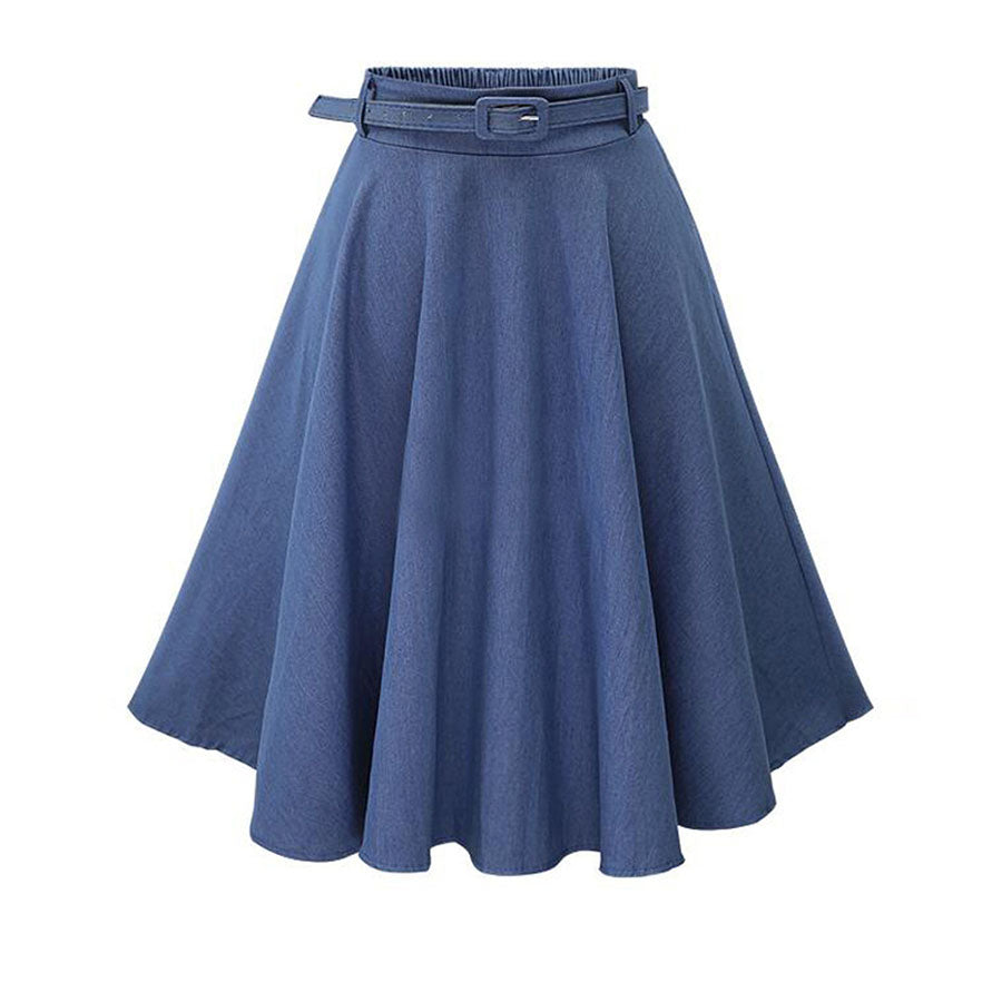 Classy Belted Waist High Waisted Full Midi Denim Skirt