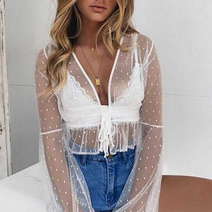 Dotted Tie Front Plunge White Sheer Mesh Lace Peplum Top Blouse