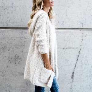 Oversized Faux Wool Long Hooded Cardigan With Pockets