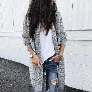 Oversized Black White Checkered Long Cardigan Sweater sunifty