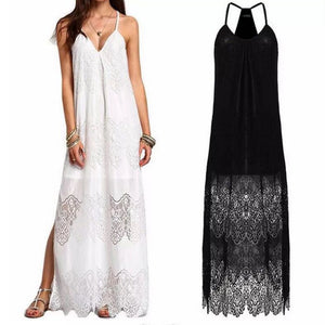 Vacation Spaghetti Strap Mesh Lace Side Split Maxi Beach Dresses Cover Ups