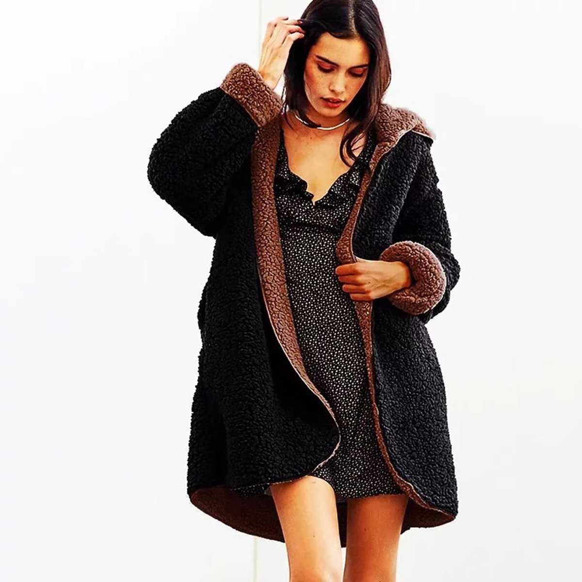 Revers Fuzzy Faux Fur Hooded Long Winter Coat
