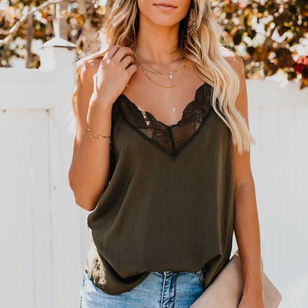 Lace Trimmed V Neck Swing Spaghetti Cami Top