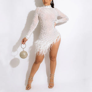 Glitter Sequin Rhinestone Fringe Long Sleeve Turtle Neck Dress With Split
