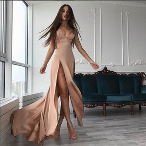 Rose Gold Spaghetti Double Split Maxi Satin Dress Gowns Backless