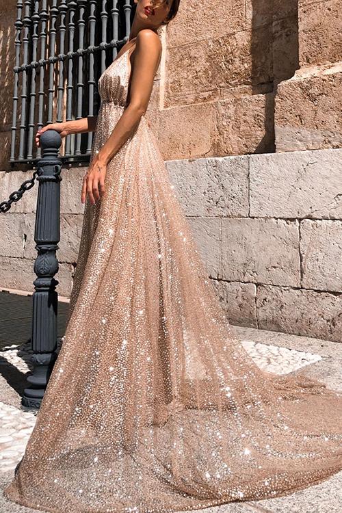 Sparkly Plunge Sequin Mesh Overlay Long Backless Prom Gown Dresses sunifty Sparkly Plunge Sequin Mesh Overlay Long Backless Prom Gown Dresses sunifty