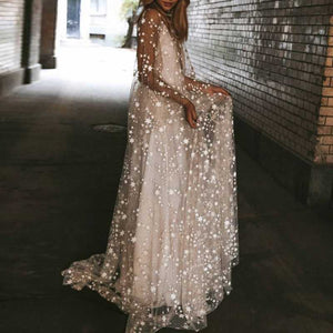 Shiny Star Embellished Mesh Overlay Maxi Dress Formal Gowns