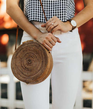 Boho Handmade Round Woven Handbag Bali Rattan Crossbody Beach Bag