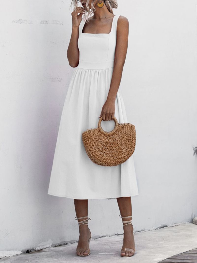 ruched square neck midi dress in white White Sleeveless Square Neck Lace Up Cut Out Ruched Midi Dress Small