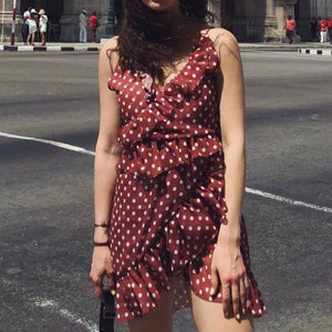 Polka Dot Deep V Neck Ruffle Hem Dress